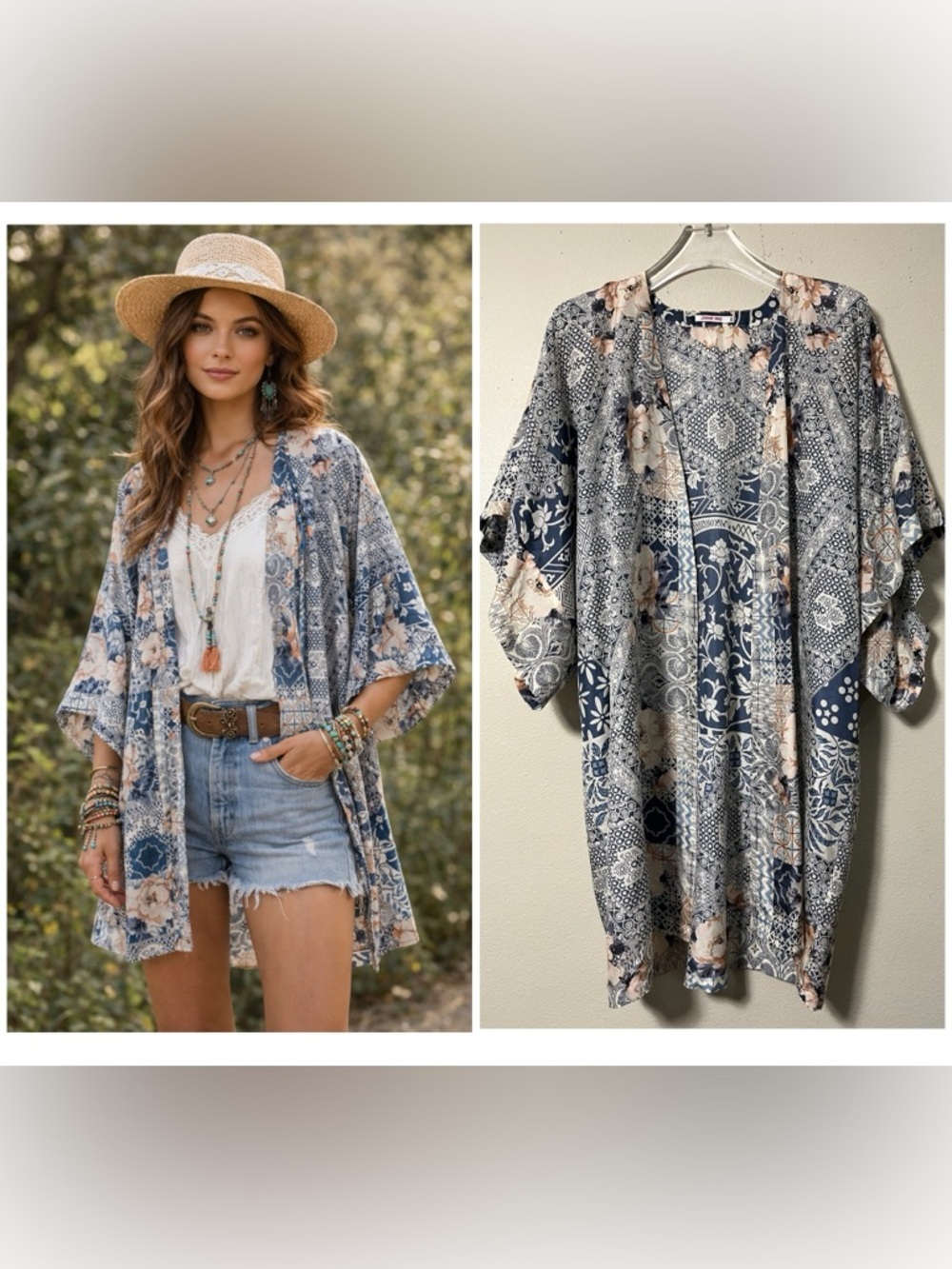 Johnny Was Laite Silk Kimono Top Blue Floral Oversized XS Bohochic Sunmer